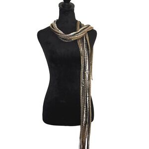 VTG Sequin Y2K Thin Neck Scarf Accessory Brown Black Long Fringe